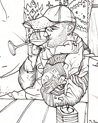 Ink illustration of Sholom Schechtman at a café counter